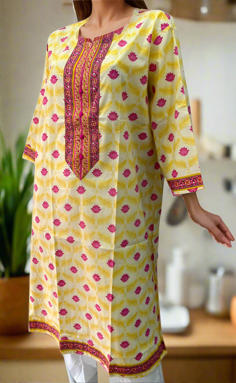 Off White/Yellow Flora Jaipuri Cotton Kurti. Pure Versatile Cotton. | Laces and Frills