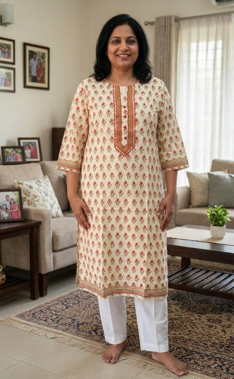 Off White/Peach Flora Jaipuri Cotton Kurti. Pure Versatile Cotton. | Laces and Frills