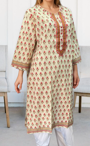Off White/Peach Flora Jaipuri Cotton Kurti. Pure Versatile Cotton. | Laces and Frills - Laces and Frills