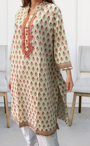 Off White/Peach Flora Jaipuri Cotton Kurti. Pure Versatile Cotton. | Laces and Frills - Laces and Frills