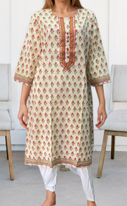 Off White/Peach Flora Jaipuri Cotton Kurti. Pure Versatile Cotton. | Laces and Frills - Laces and Frills