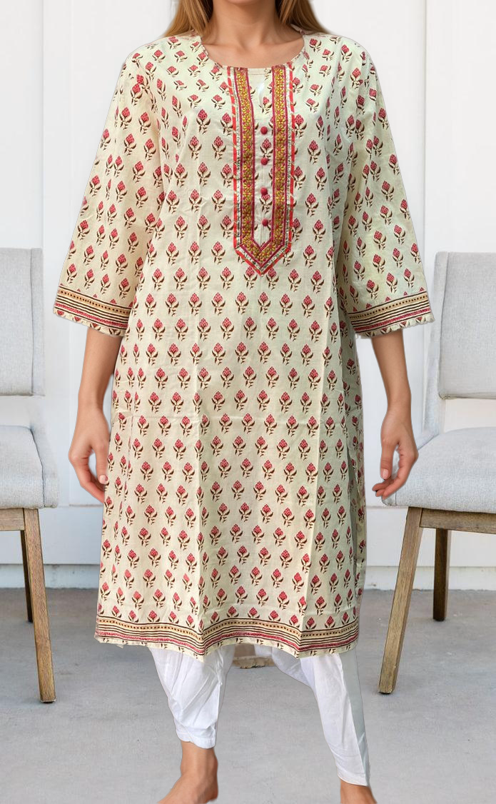 Off White/Peach Flora Jaipuri Cotton Kurti. Pure Versatile Cotton. | Laces and Frills - Laces and Frills