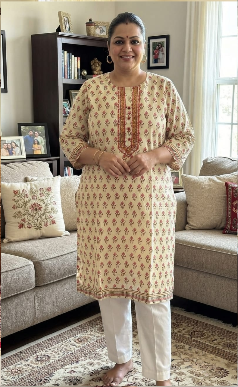 Off White/Peach Flora Jaipuri Cotton Kurti. Pure Versatile Cotton. | Laces and Frills