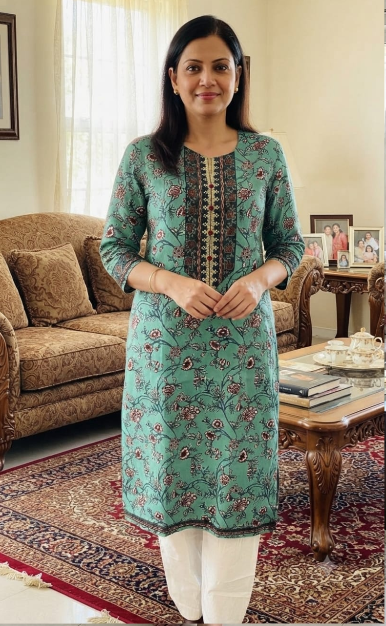 Sea Green/Blue Garden Jaipuri Cotton Kurti. Pure Versatile Cotton. | Laces and Frills