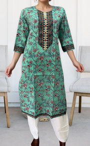 Sea Green/Blue Garden Jaipuri Cotton Kurti. Pure Versatile Cotton. | Laces and Frills - Laces and Frills