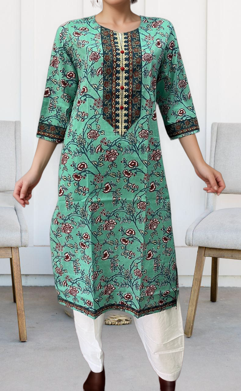 Sea Green/Blue Garden Jaipuri Cotton Kurti. Pure Versatile Cotton. | Laces and Frills - Laces and Frills