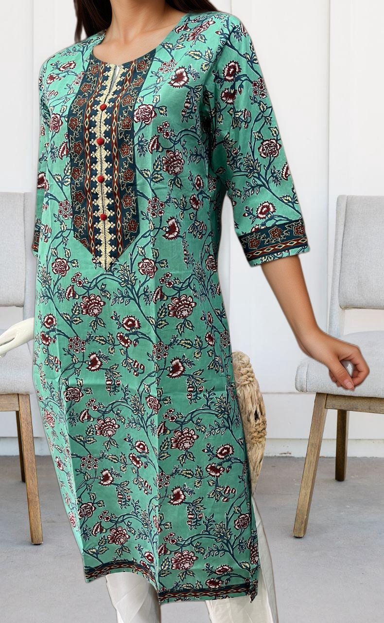 Sea Green/Blue Garden Jaipuri Cotton Kurti. Pure Versatile Cotton. | Laces and Frills - Laces and Frills