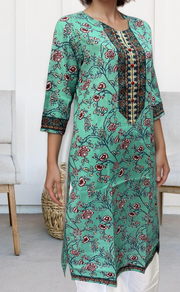 Sea Green/Blue Garden Jaipuri Cotton Kurti. Pure Versatile Cotton. | Laces and Frills - Laces and Frills