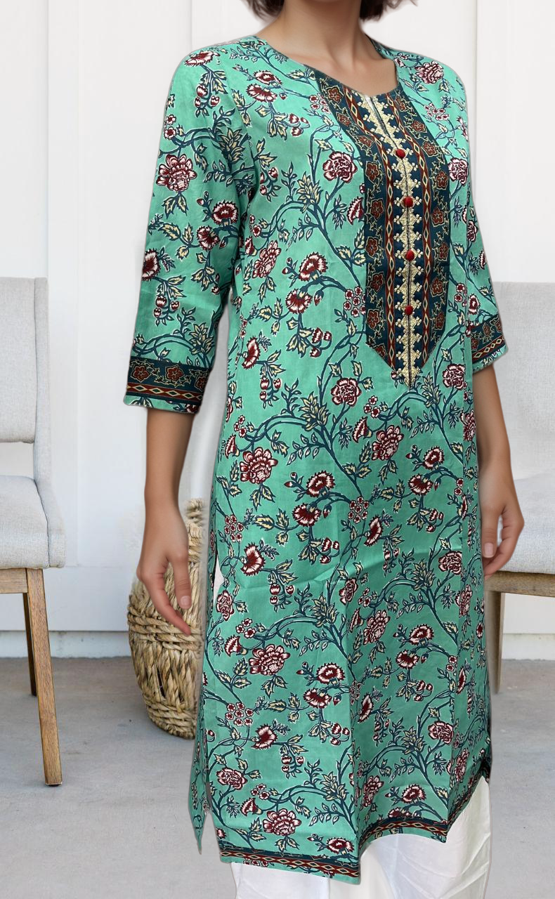 Sea Green/Blue Garden Jaipuri Cotton Kurti. Pure Versatile Cotton. | Laces and Frills - Laces and Frills