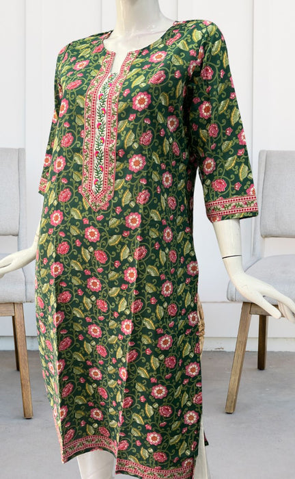 Bottle Green/Pink Garden Jaipuri Cotton Kurti. Pure Versatile Cotton. | Laces and Frills - Laces and Frills