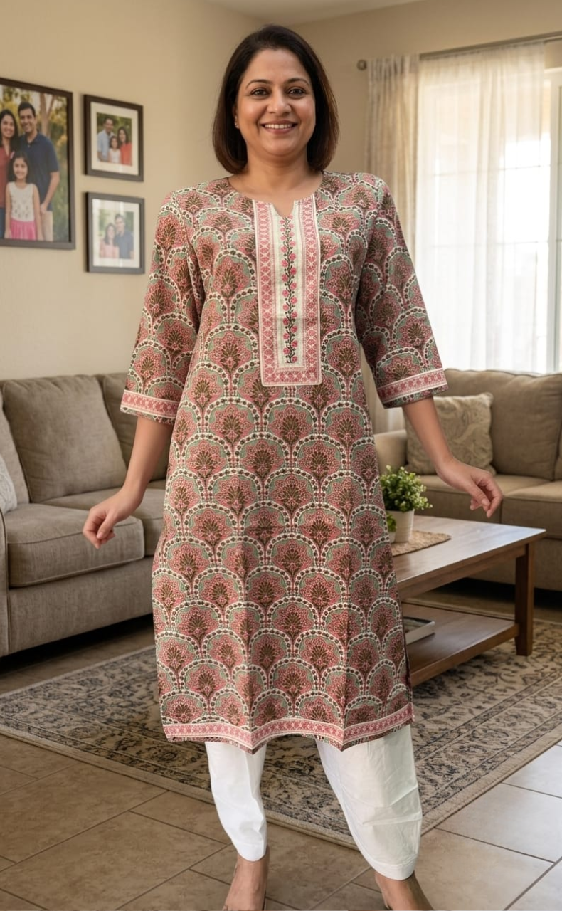 Pista Green/Pink Garden Jaipuri Cotton Kurti. Pure Versatile Cotton. | Laces and Frills