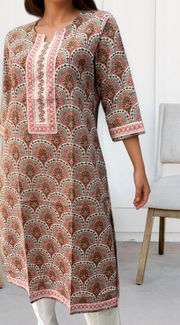 Pista Green/Pink Garden Jaipuri Cotton Kurti. Pure Versatile Cotton. | Laces and Frills - Laces and Frills