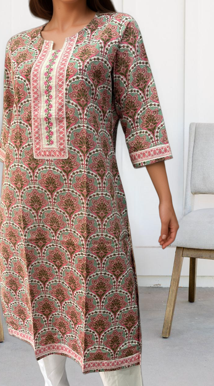 Pista Green/Pink Garden Jaipuri Cotton Kurti. Pure Versatile Cotton. | Laces and Frills - Laces and Frills