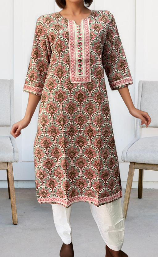 Pista Green/Pink Garden Jaipuri Cotton Kurti. Pure Versatile Cotton. | Laces and Frills - Laces and Frills