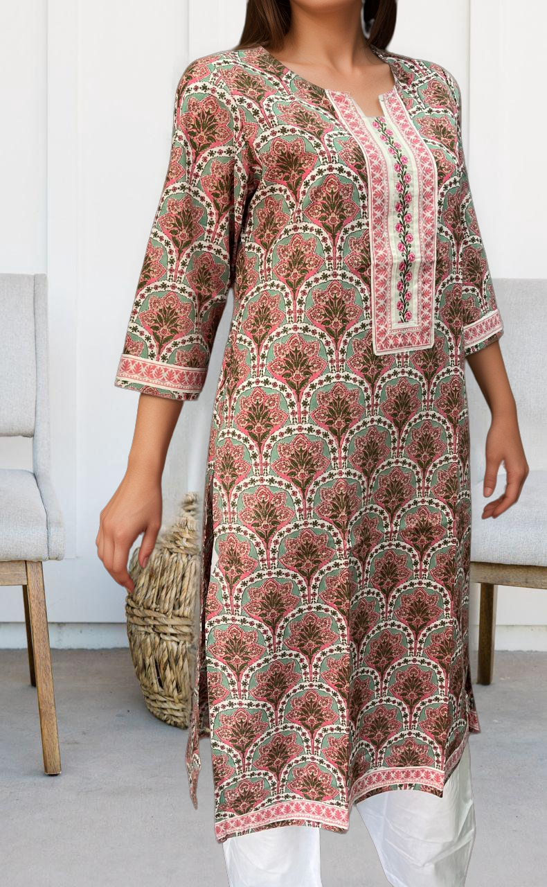Pista Green/Pink Garden Jaipuri Cotton Kurti. Pure Versatile Cotton. | Laces and Frills - Laces and Frills