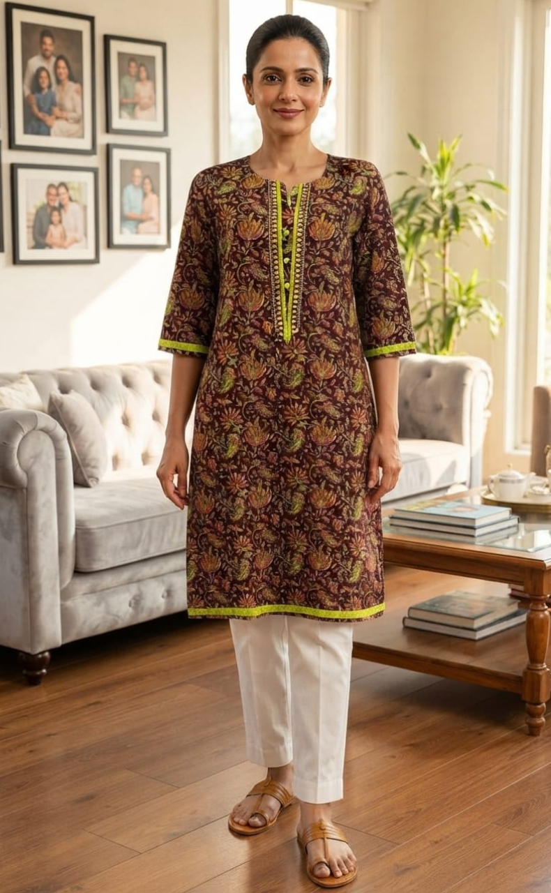 Dark Maroon Floral Jaipuri Cotton Kurti. Pure Versatile Cotton. | Laces and Frills
