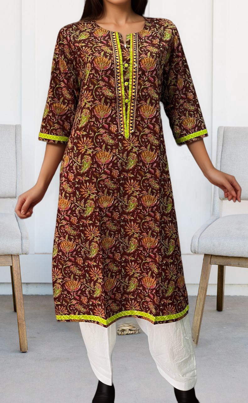 Dark Maroon Floral Jaipuri Cotton Kurti. Pure Versatile Cotton. | Laces and Frills - Laces and Frills