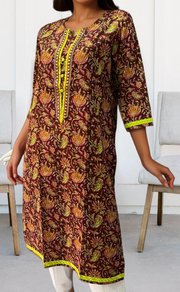 Dark Maroon Floral Jaipuri Cotton Kurti. Pure Versatile Cotton. | Laces and Frills - Laces and Frills