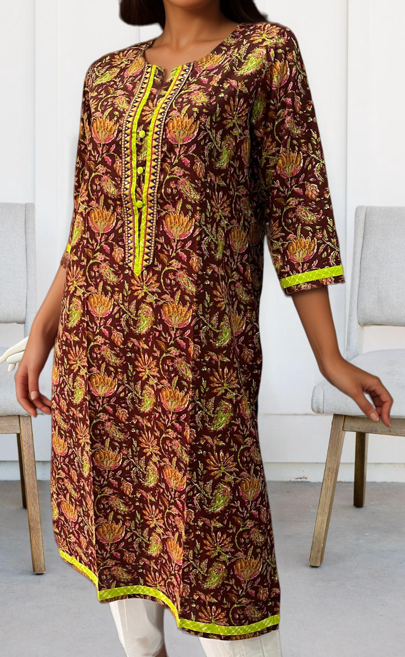 Dark Maroon Floral Jaipuri Cotton Kurti. Pure Versatile Cotton. | Laces and Frills - Laces and Frills