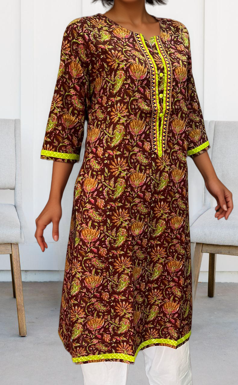 Dark Maroon Floral Jaipuri Cotton Kurti. Pure Versatile Cotton. | Laces and Frills - Laces and Frills
