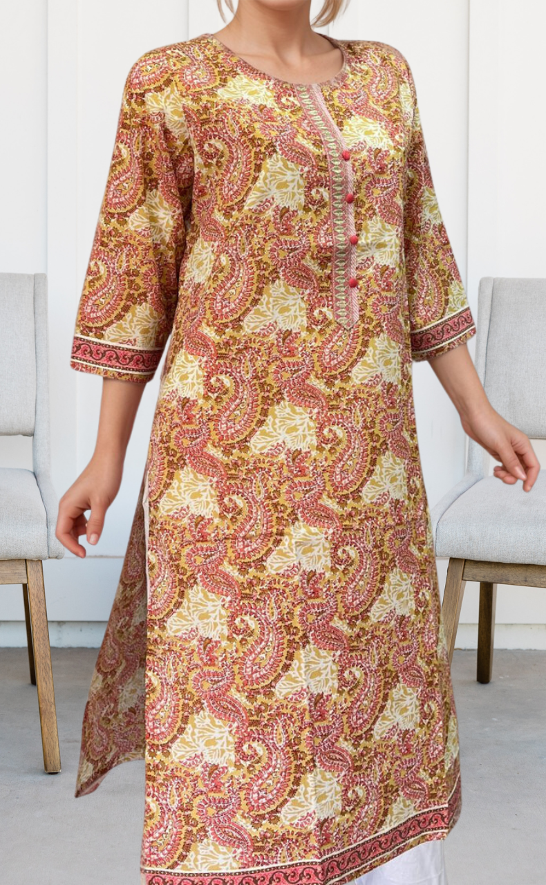 Mustard Flora Jaipuri Cotton Kurti. Pure Versatile Cotton. | Laces and Frills - Laces and Frills