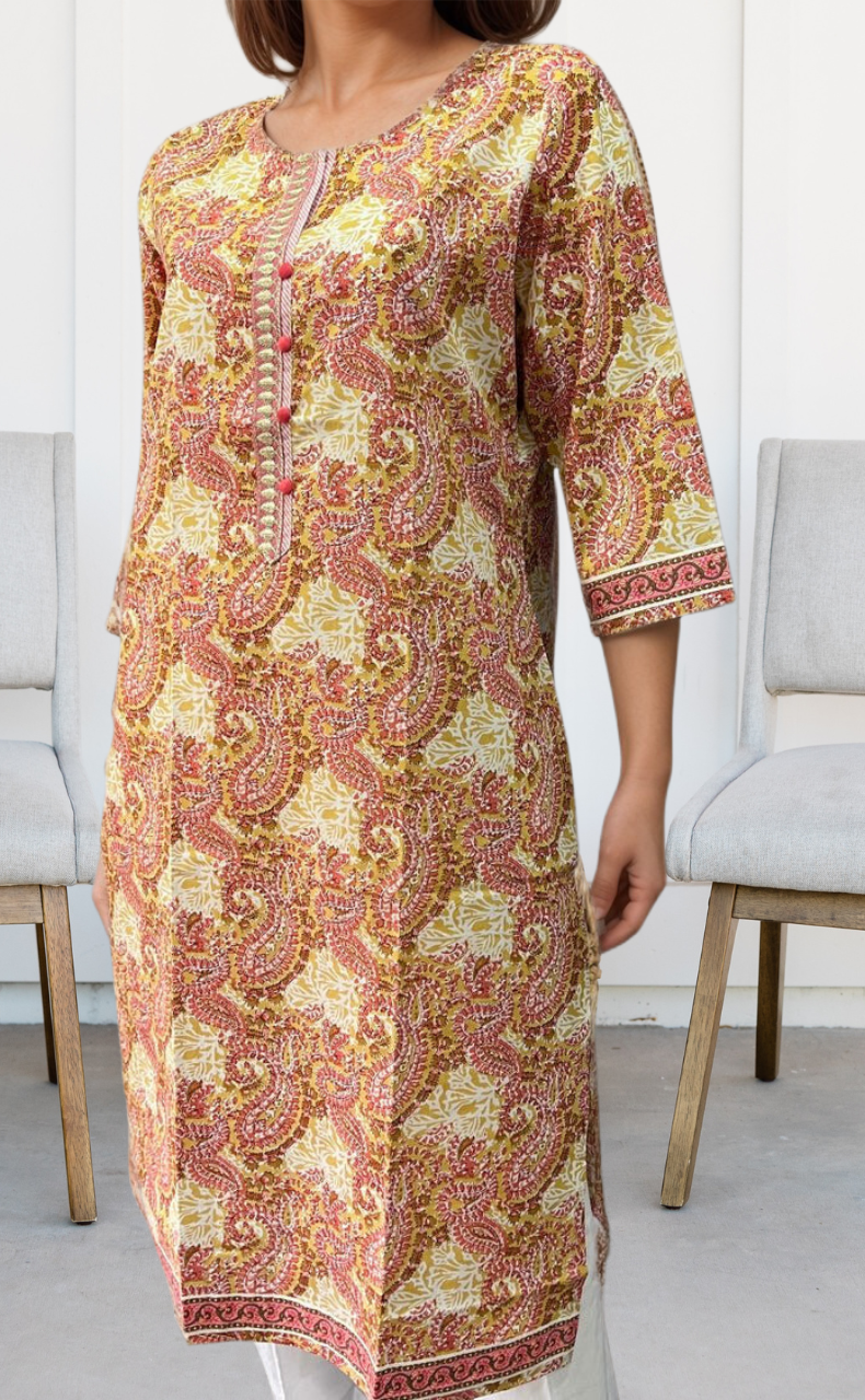 Mustard Flora Jaipuri Cotton Kurti. Pure Versatile Cotton. | Laces and Frills - Laces and Frills