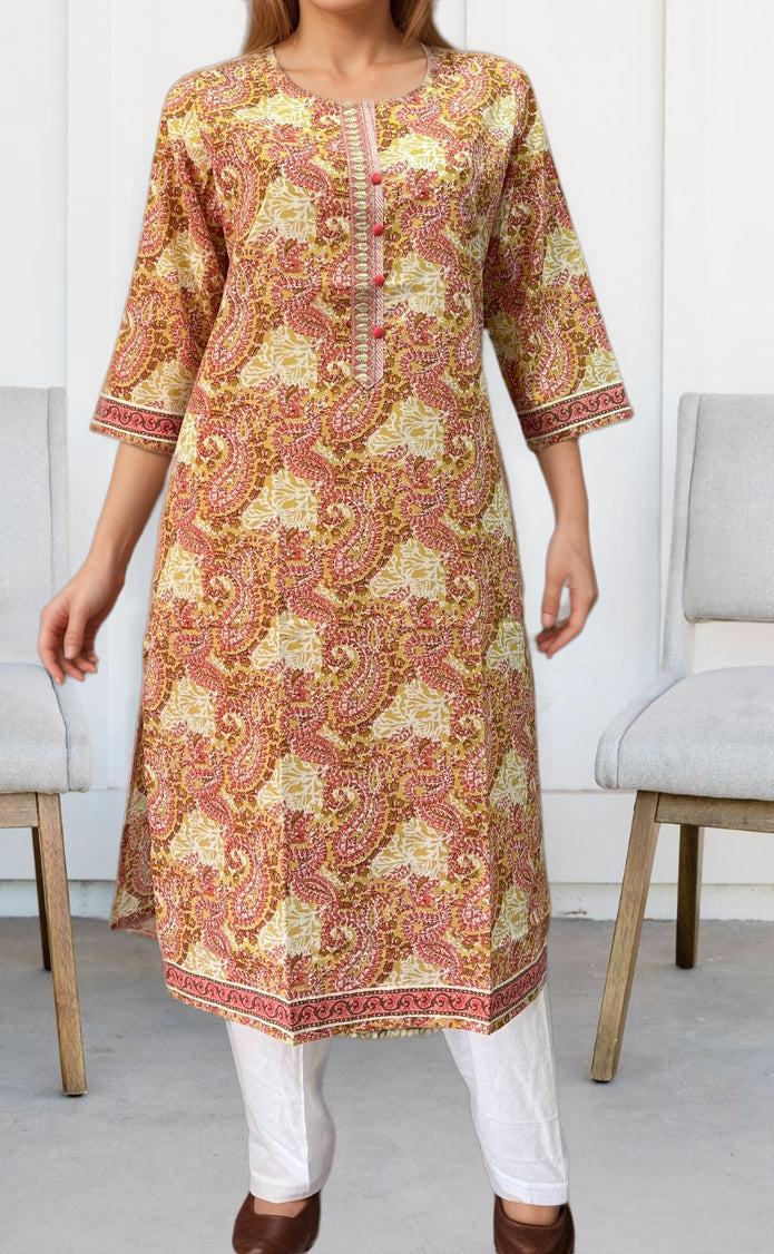 Mustard Flora Jaipuri Cotton Kurti. Pure Versatile Cotton. | Laces and Frills - Laces and Frills