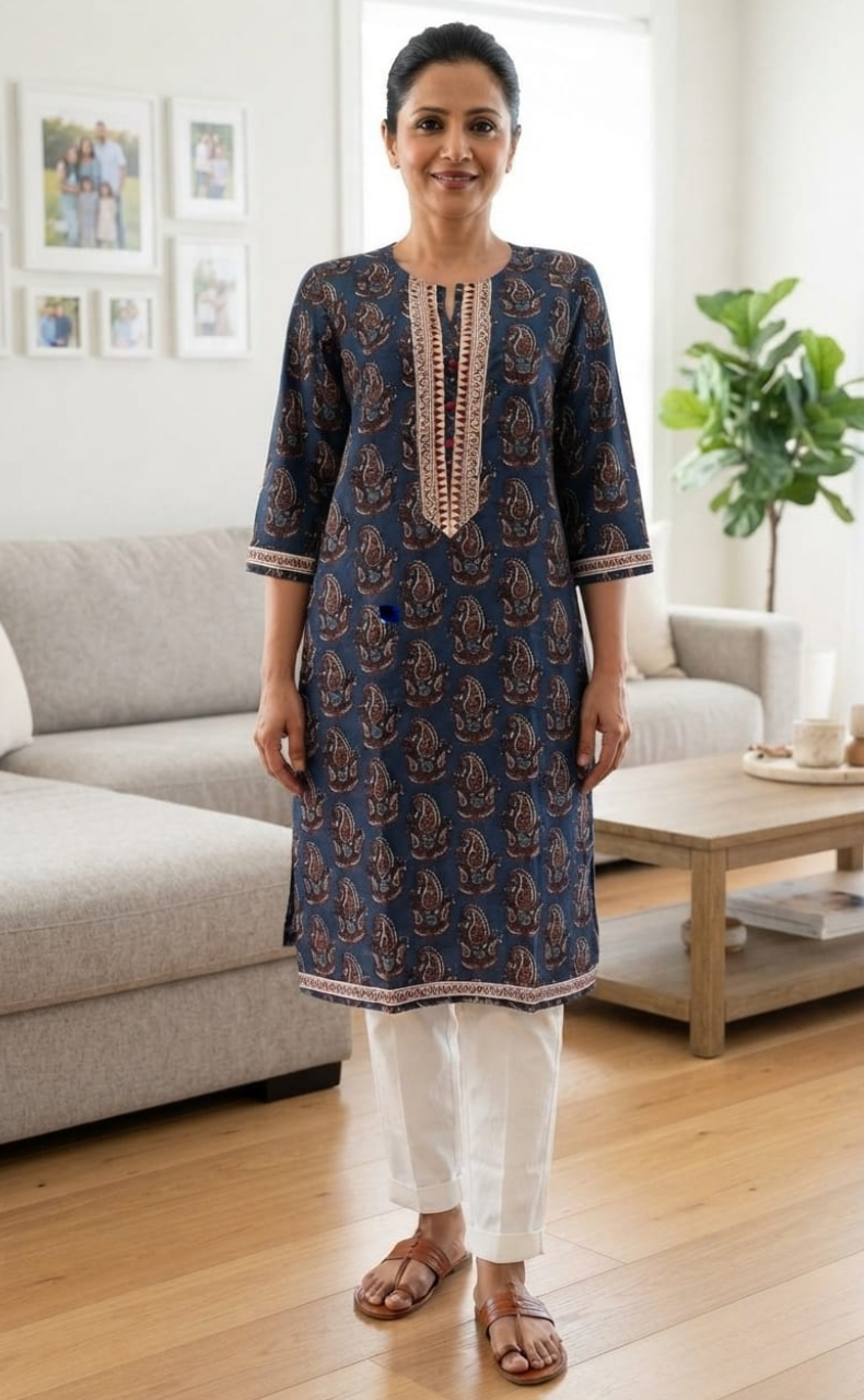 Blue Motif Jaipuri Cotton Kurti. Pure Versatile Cotton. | Laces and Frills