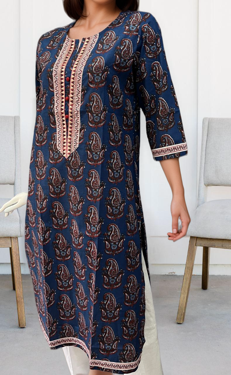 Blue Motif Jaipuri Cotton Kurti. Pure Versatile Cotton. | Laces and Frills - Laces and Frills