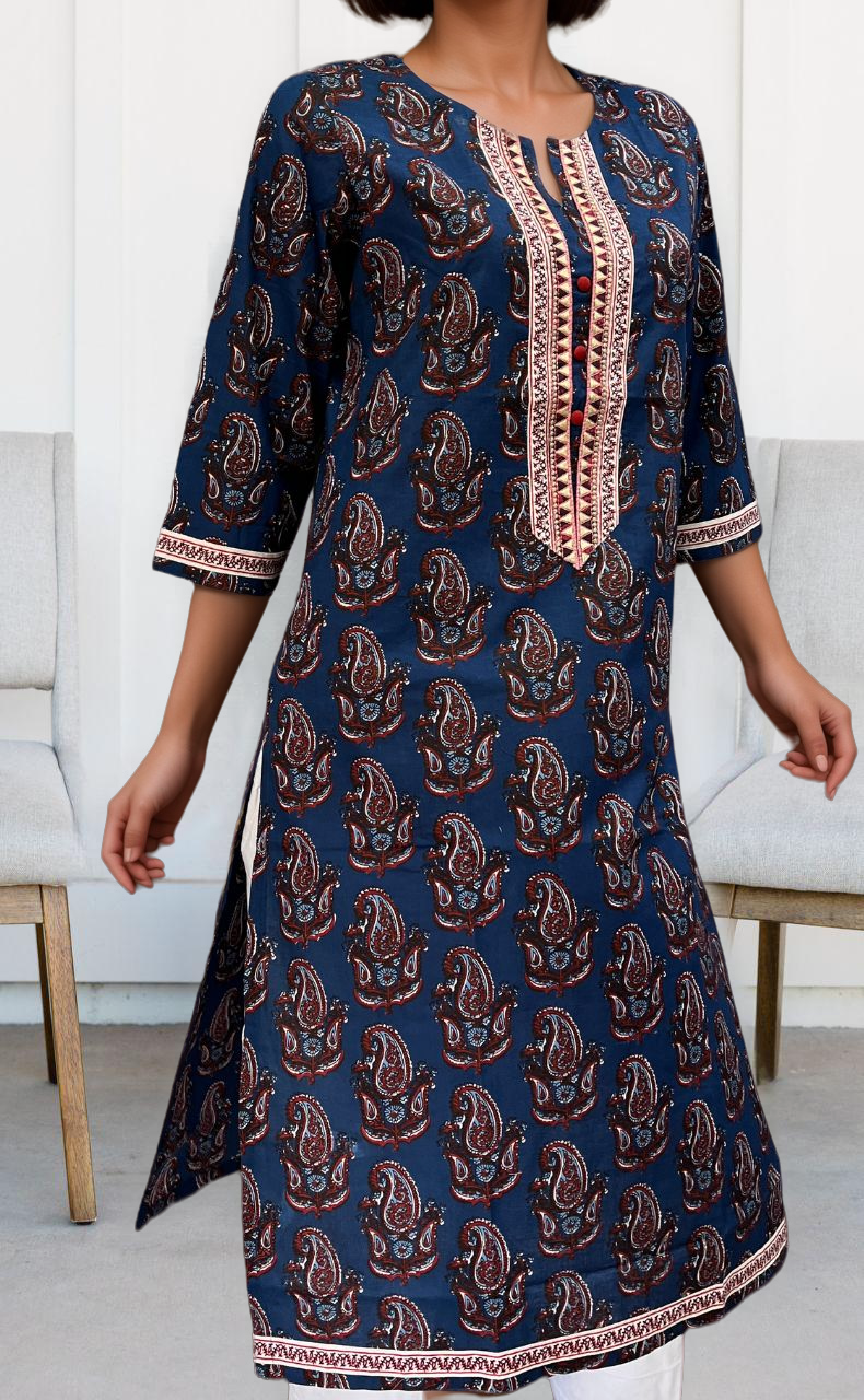 Blue Motif Jaipuri Cotton Kurti. Pure Versatile Cotton. | Laces and Frills - Laces and Frills