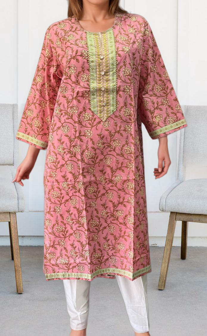 Pink Floral Jaipuri Cotton Kurti. Pure Versatile Cotton. | Laces and Frills - Laces and Frills