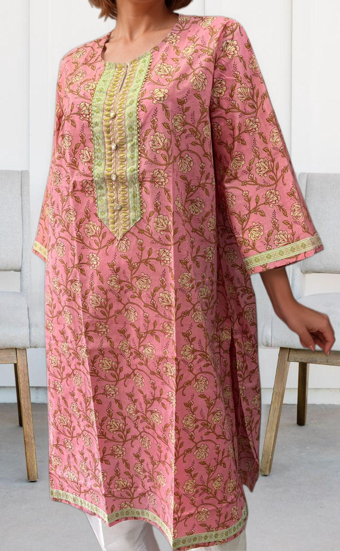 Pink Floral Jaipuri Cotton Kurti. Pure Versatile Cotton. | Laces and Frills - Laces and Frills
