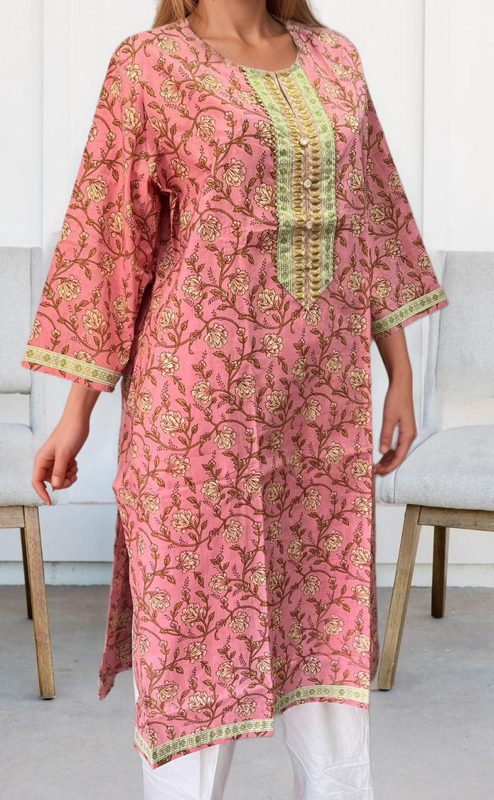 Pink Floral Jaipuri Cotton Kurti. Pure Versatile Cotton. | Laces and Frills - Laces and Frills