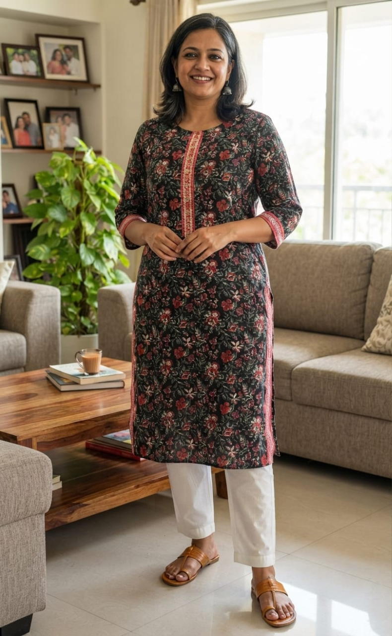 Black/Red Flora Jaipuri Cotton Kurti. Pure Versatile Cotton. | Laces and Frills
