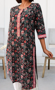 Black/Red Flora Jaipuri Cotton Kurti. Pure Versatile Cotton. | Laces and Frills - Laces and Frills