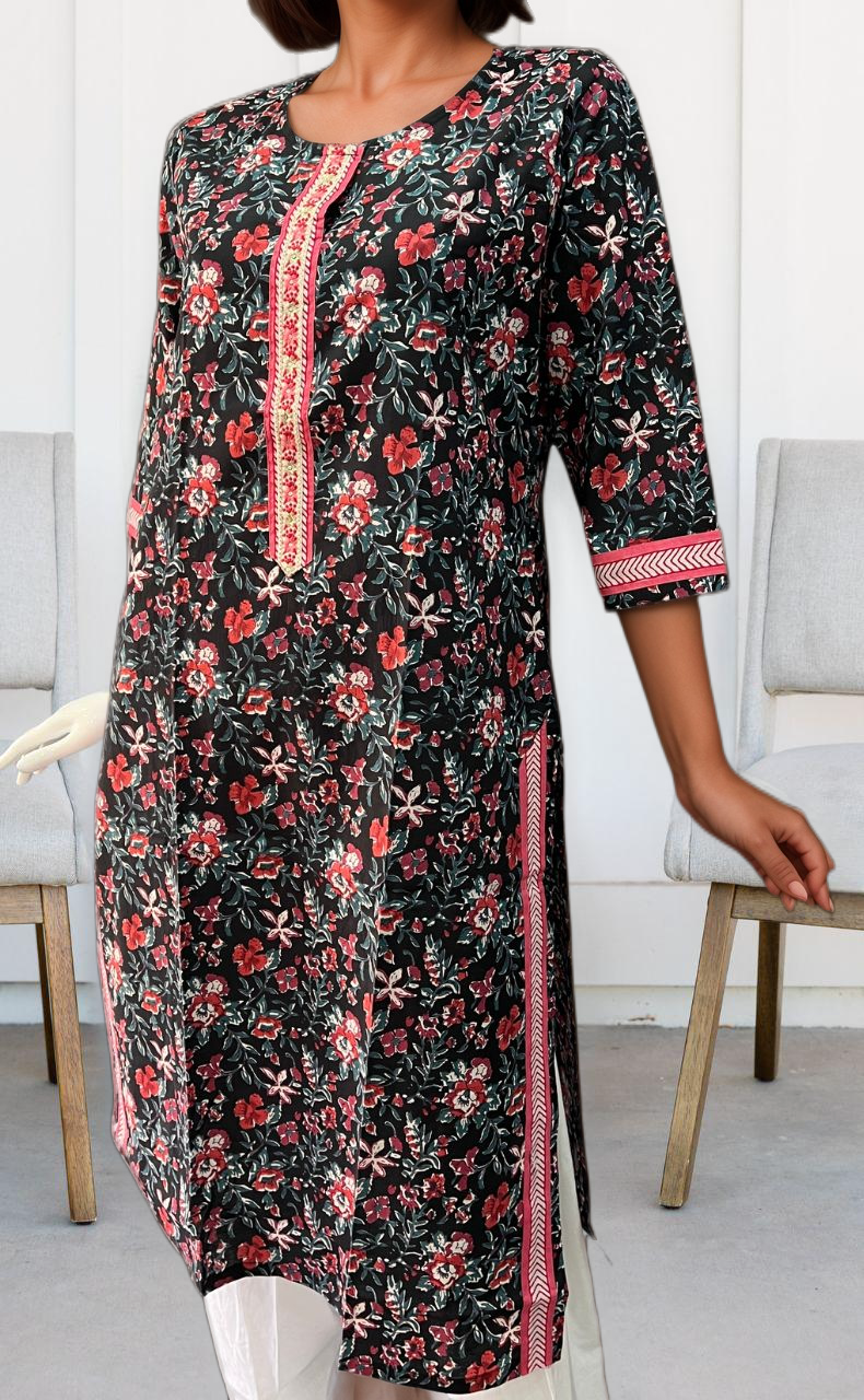 Black/Red Flora Jaipuri Cotton Kurti. Pure Versatile Cotton. | Laces and Frills - Laces and Frills