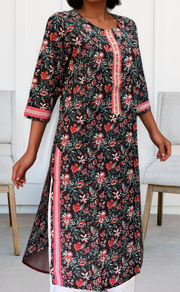 Black/Red Flora Jaipuri Cotton Kurti. Pure Versatile Cotton. | Laces and Frills - Laces and Frills