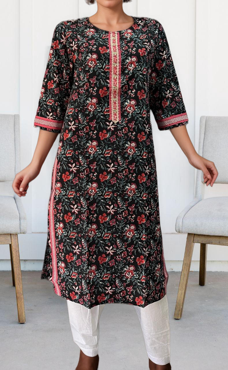 Black/Red Flora Jaipuri Cotton Kurti. Pure Versatile Cotton. | Laces and Frills - Laces and Frills