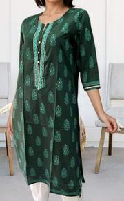 Bottle Green Garden Jaipuri Cotton Kurti. Pure Versatile Cotton. | Laces and Frills - Laces and Frills