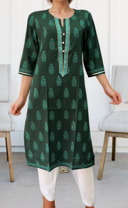 Bottle Green Garden Jaipuri Cotton Kurti. Pure Versatile Cotton. | Laces and Frills - Laces and Frills