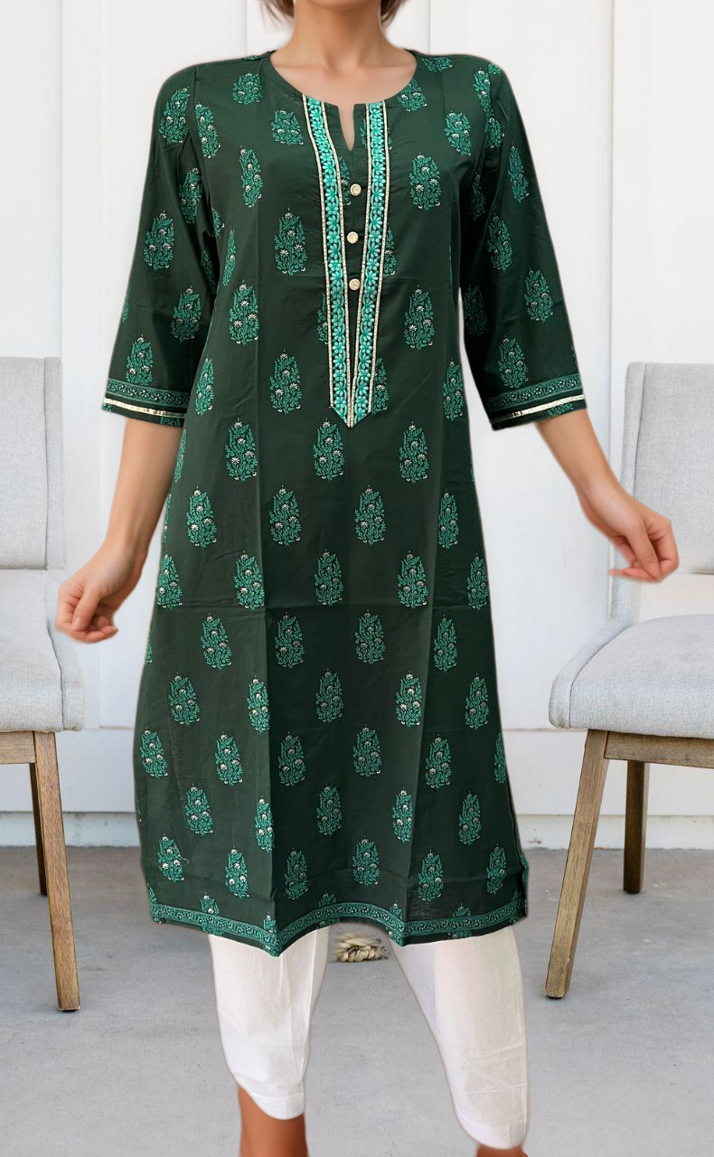Bottle Green Garden Jaipuri Cotton Kurti. Pure Versatile Cotton. | Laces and Frills - Laces and Frills