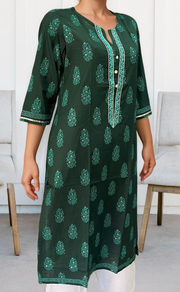 Bottle Green Garden Jaipuri Cotton Kurti. Pure Versatile Cotton. | Laces and Frills - Laces and Frills