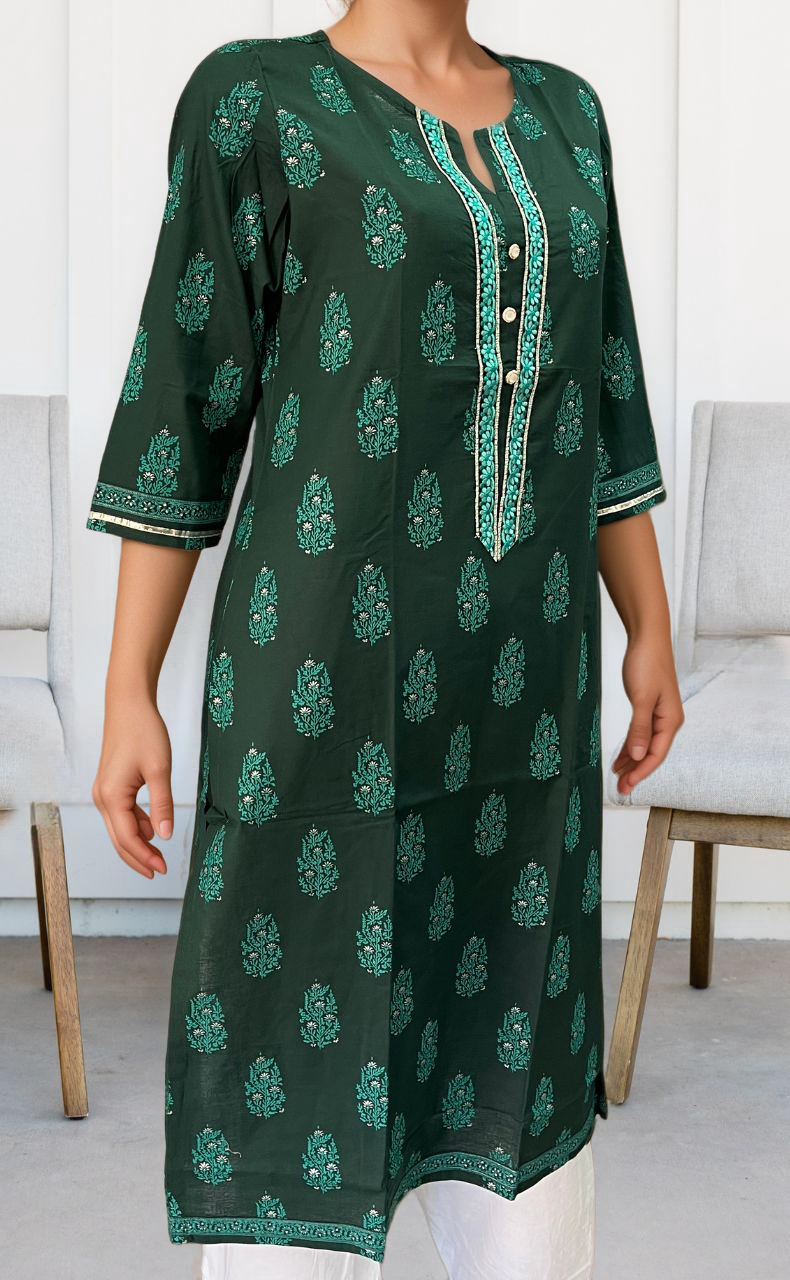 Bottle Green Garden Jaipuri Cotton Kurti. Pure Versatile Cotton. | Laces and Frills - Laces and Frills