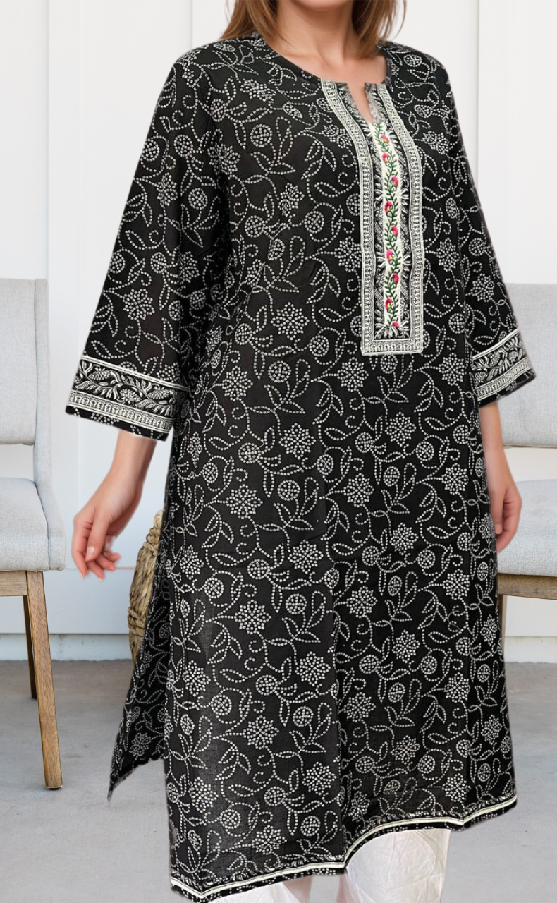 Black Bandini Jaipuri Cotton Kurti. Pure Versatile Cotton. | Laces and Frills - Laces and Frills