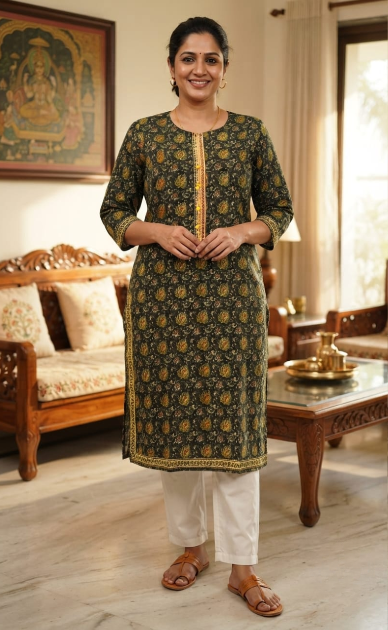 Bottle Green/Yellow Garden Jaipuri Cotton Kurti. Pure Versatile Cotton. | Laces and Frills