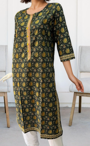 Bottle Green/Yellow Garden Jaipuri Cotton Kurti. Pure Versatile Cotton. | Laces and Frills - Laces and Frills