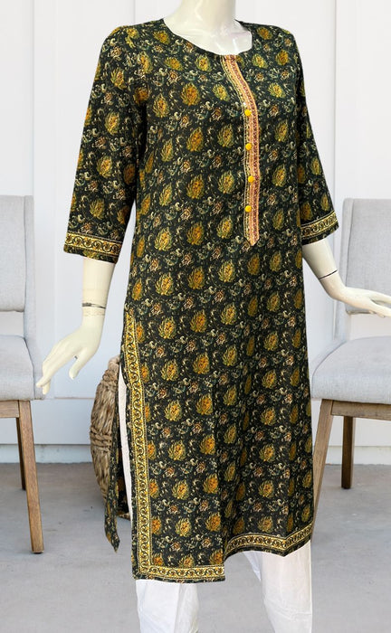 Bottle Green/Yellow Garden Jaipuri Cotton Kurti. Pure Versatile Cotton. | Laces and Frills - Laces and Frills