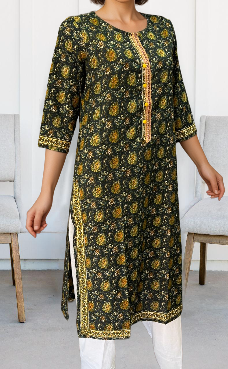 Bottle Green/Yellow Garden Jaipuri Cotton Kurti. Pure Versatile Cotton. | Laces and Frills - Laces and Frills