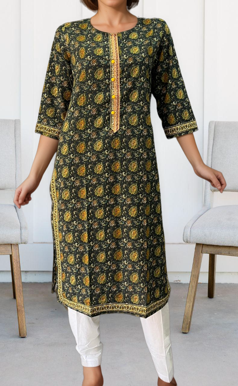 Bottle Green/Yellow Garden Jaipuri Cotton Kurti. Pure Versatile Cotton. | Laces and Frills - Laces and Frills