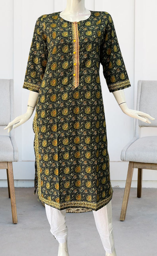 Bottle Green/Yellow Garden Jaipuri Cotton Kurti. Pure Versatile Cotton. | Laces and Frills - Laces and Frills